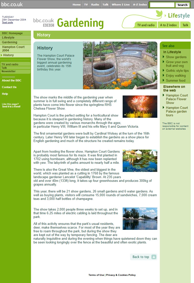 Hampton Court Flower Show 2004 Website